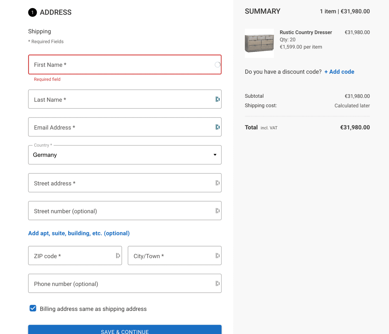 The shipping address form and the order summary of the default-themed page for the Complete Checkout mode.