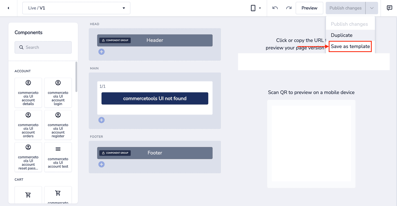 Save as template option in Site Builder highlighted