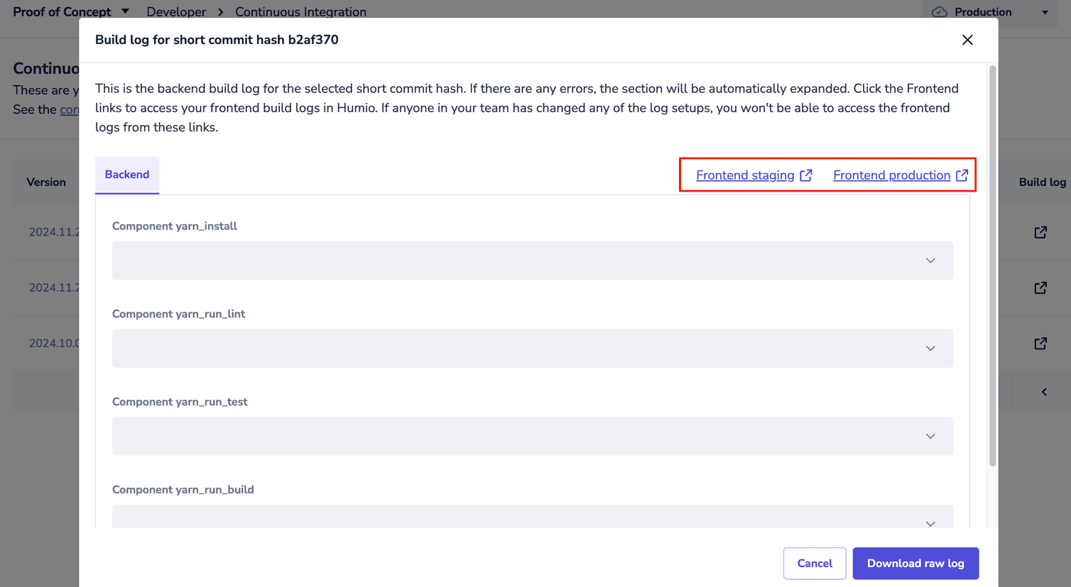 The Build log dialog in the Studio's Continuous Integration area