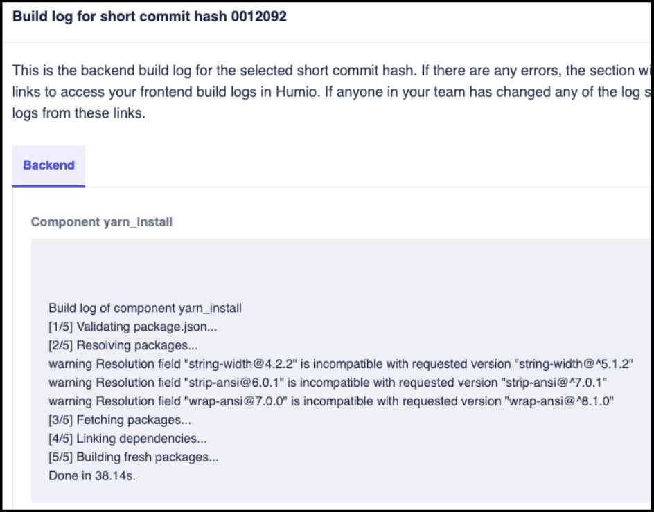 The Build log dialog in the Studio's Continuous Integration area with warnings displayed
