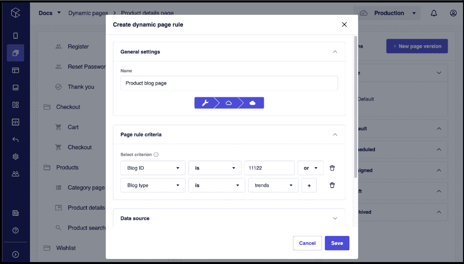 The Page rule criteria builder in the Create dynamic page dialog