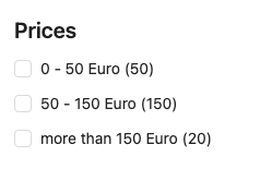 An example of ranges facet by price range on a website UI