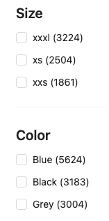 An example of term facets by size and color on a website UI