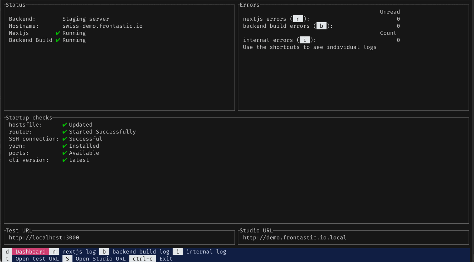 The six sections of the CLI dashboard: Status, Errors, Startup checks, Test URL, Studio URL, and hotkeys.