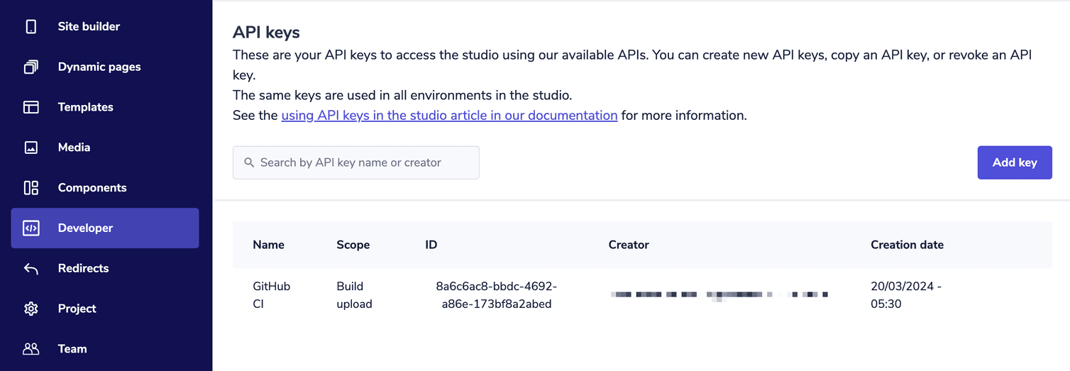 The API keys area displaying the Add key button and list of available API keys