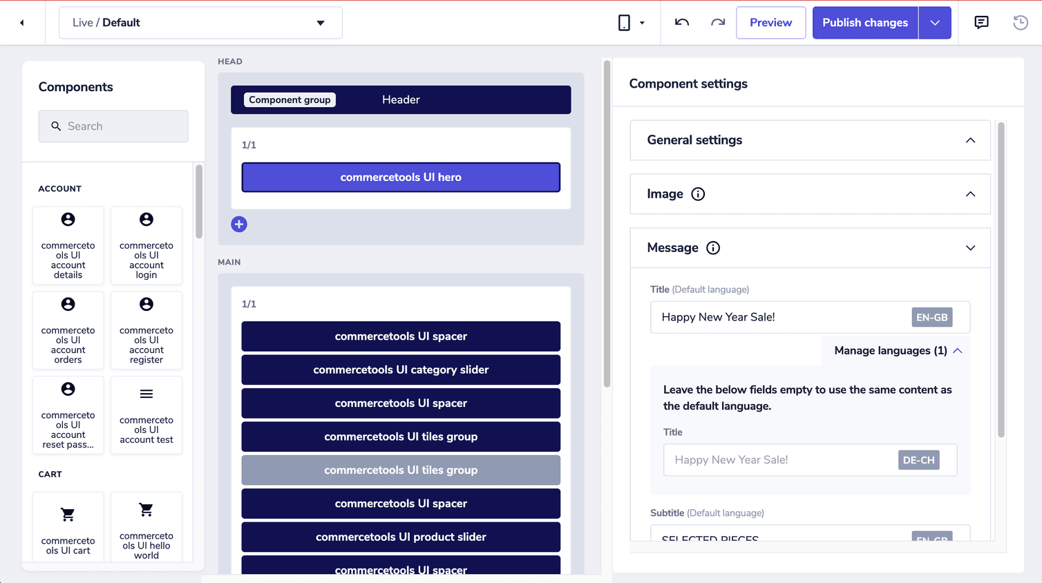 Component settings pane with manage languages section expanded with placeholder value.