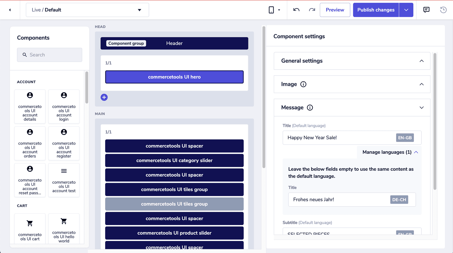 Component settings pane with manage languages section expanded with entered translation.