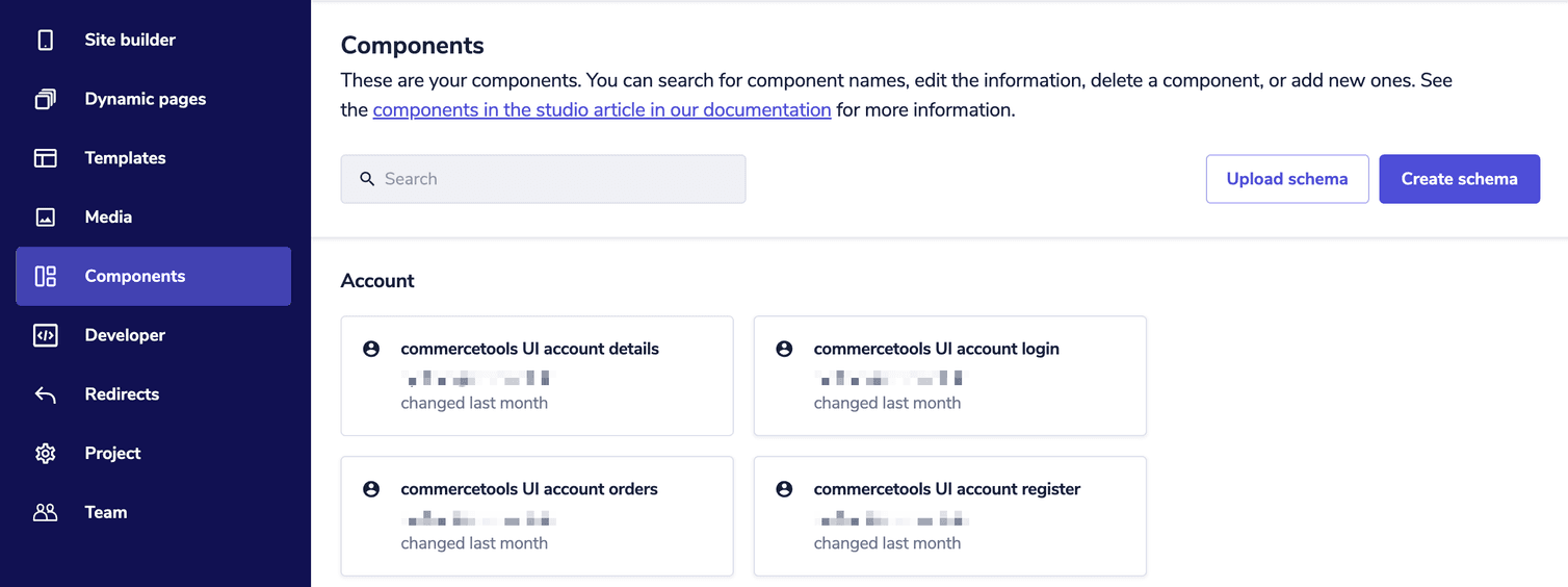 The Components area with the Upload schema and Create schema buttons