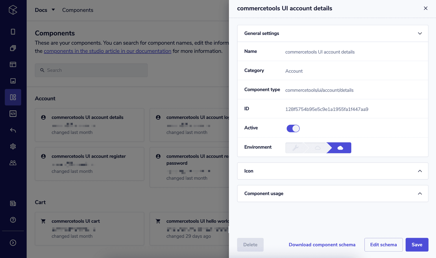 Component schema details pane with general settings expanded