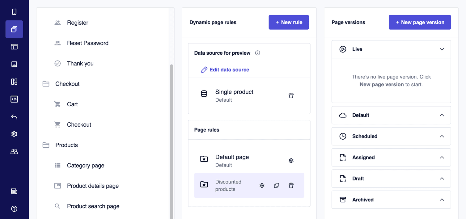 A dynamic page rule selected in the Dynamic page rules pane and the related Settings, Duplicate, and Delete icons displayed