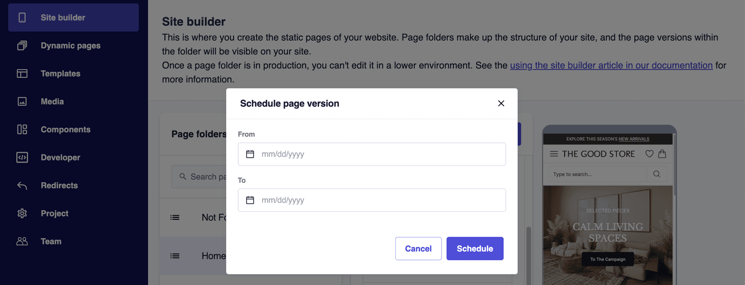 The Schedule page version dialog with the From and To fields and the Cancel and Schedule buttons.