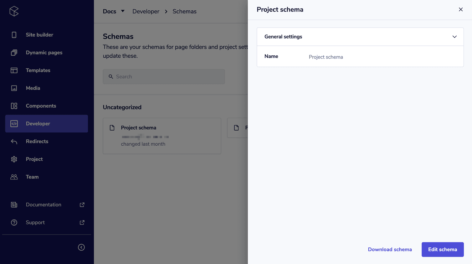 The project schema pane with the General setting section, and the Download schema and Edit schema buttons