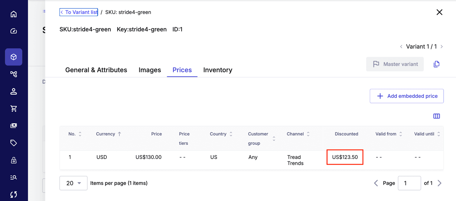 The lower discount has been applied to the Variant's Price record.