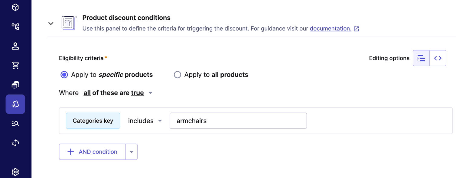 Configuration of a Product Discount rule.