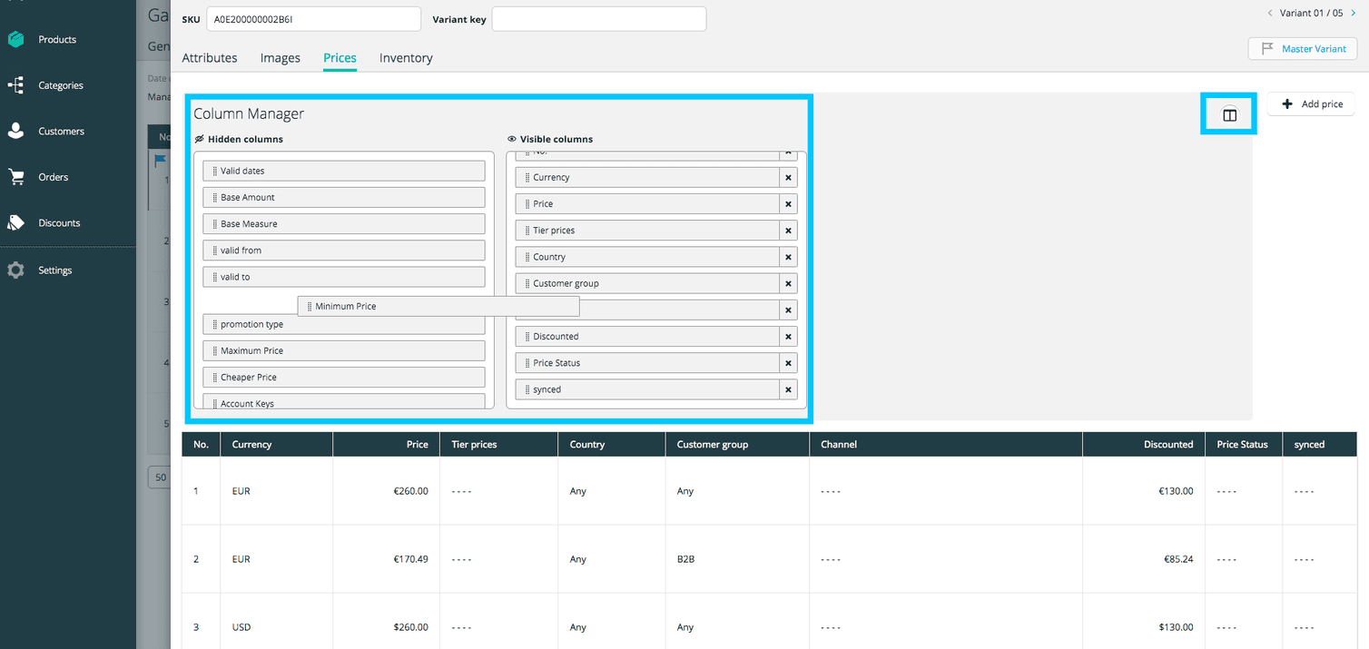 Column manager for Product Variant Prices.