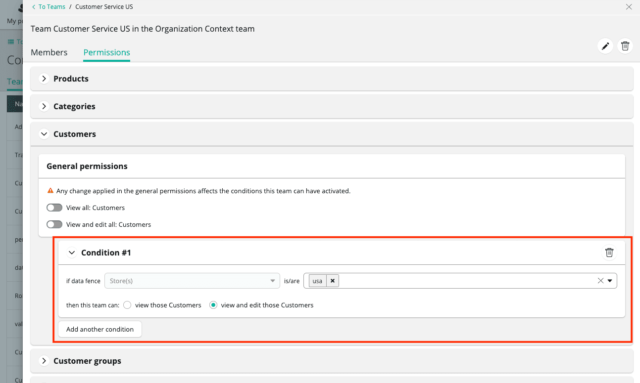 Conditional permissions applied for Customers.