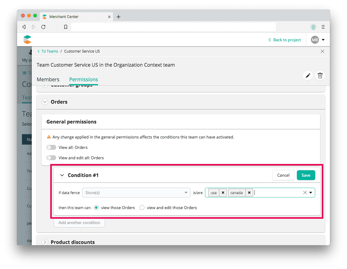 Conditional permissions applied for Orders.