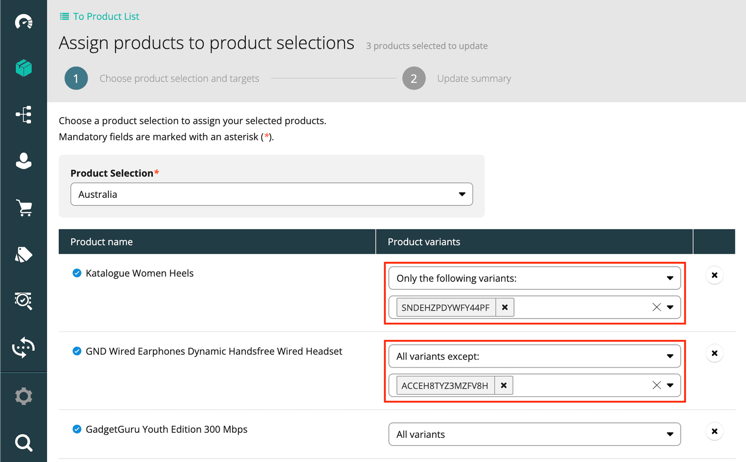 Product Variants included or excluded from a Product Selection.