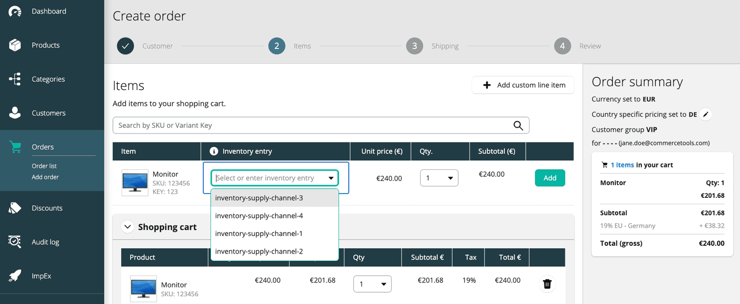 Inventory selection during Order creation.