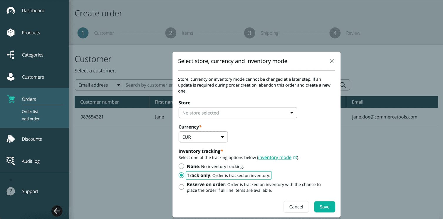 Inventory tracking options for Orders.