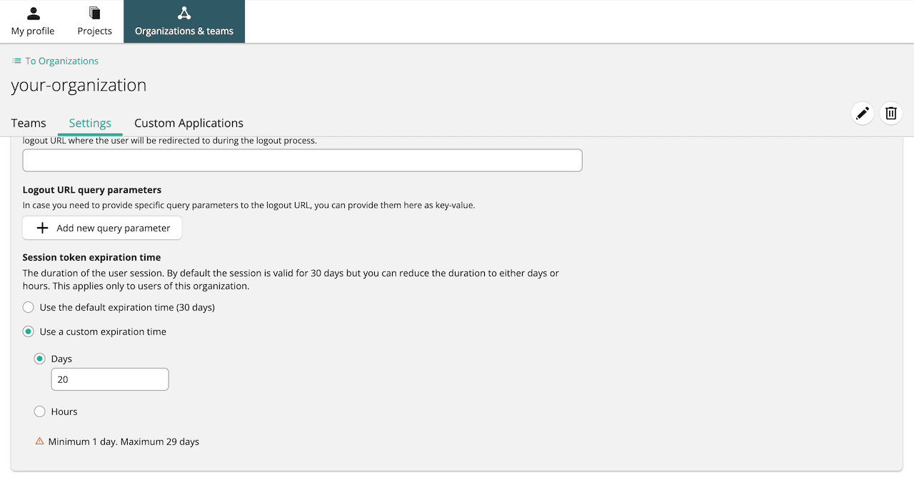 Custom session timeout configured for single sign-on.