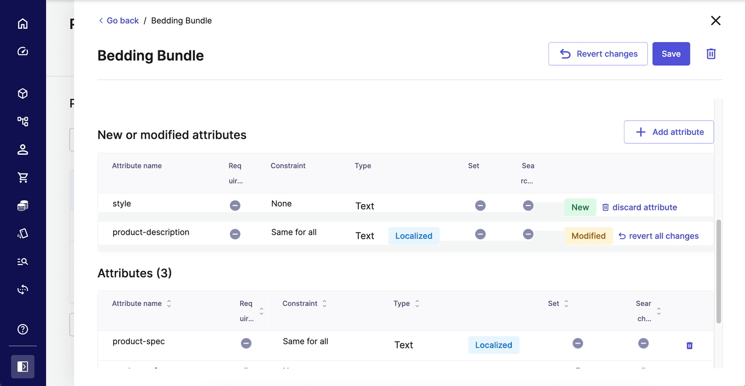List of new and modified Attributes on a Product Type.