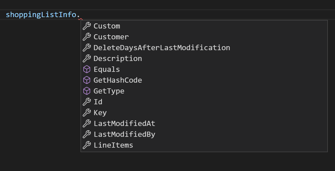 Screenshot of autocomplete for ShoppingList object