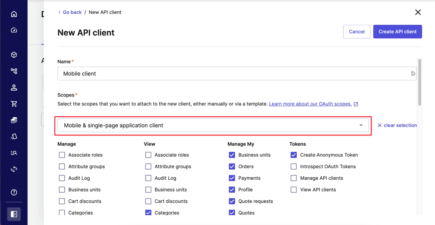 Screenshot Create New Mobile API Client