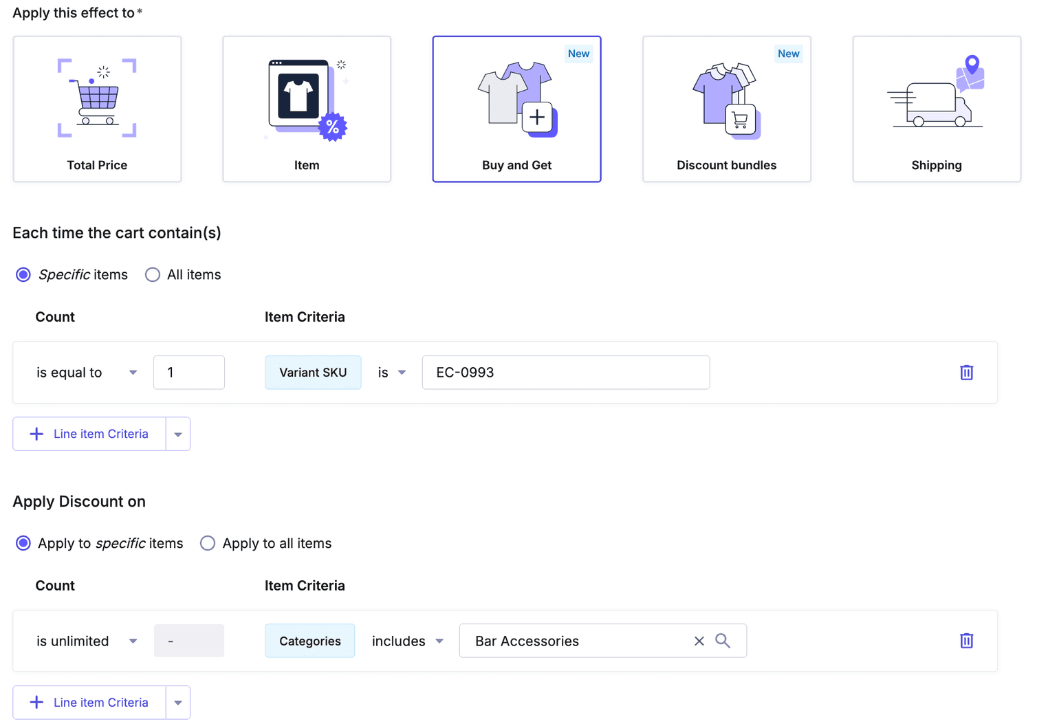Trigger and target configuration for a 20 percent Buy and Get Cart Discount on Bar Accessories when buying an Evergreen Candle.