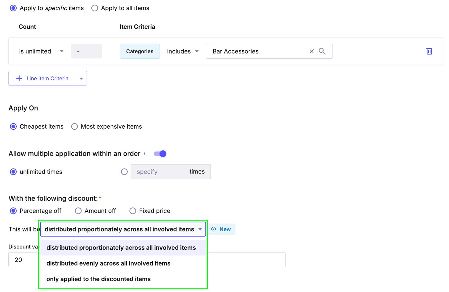 Merchant Center Cart Discount configuration showing applicationMode set to ProportionateDistribution for a Buy and Get discount.