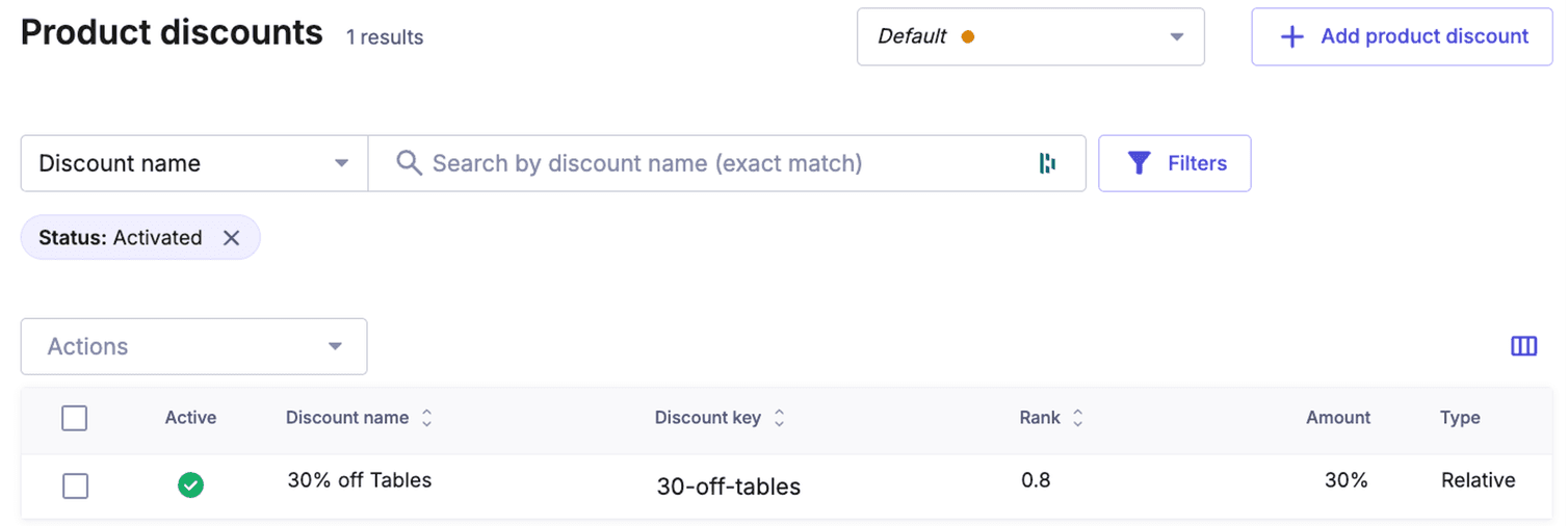 Create a Product Discount in the Merchant Center for a 30% discount on items from the Tables category