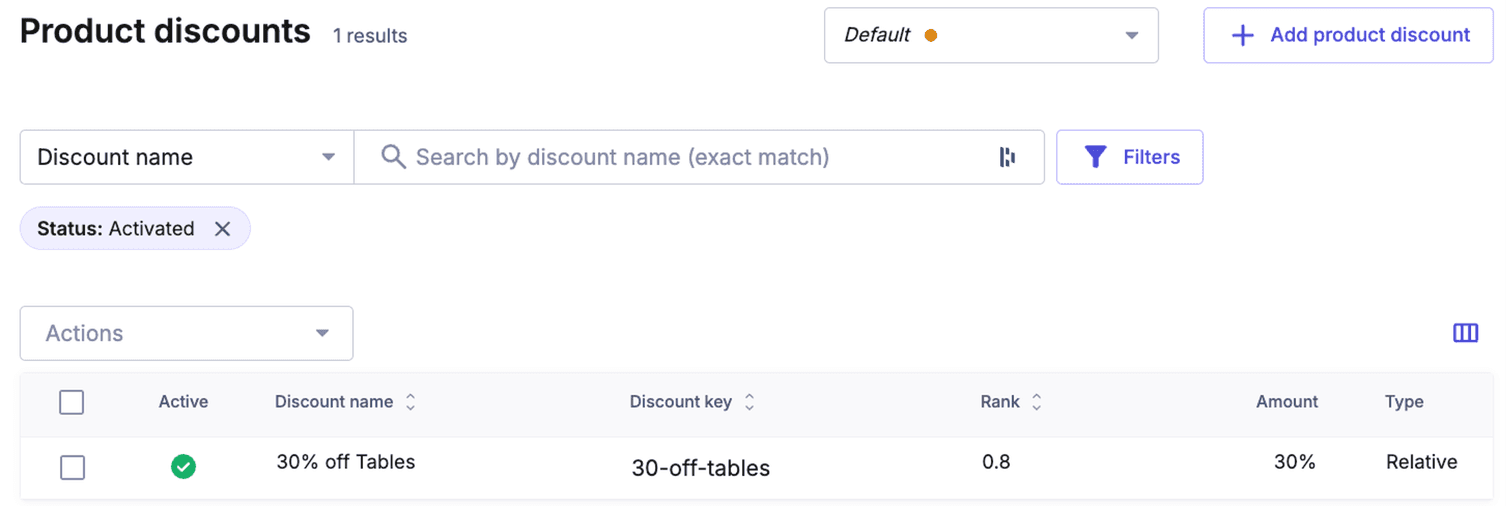 Create a Product Discount in the Merchant Center for a 30% discount on items from the Tables category