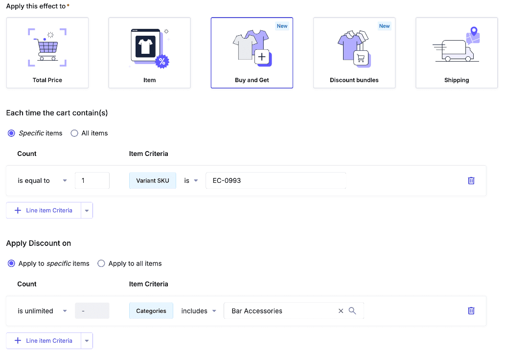 Trigger and target configuration for a 20 percent Buy and Get Cart Discount on Bar Accessories when buying an Evergreen Candle.