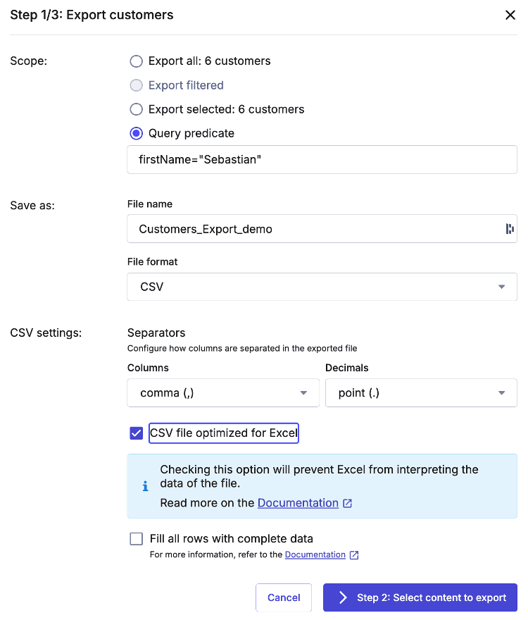 The Customer export dialog with a query configured to export only customers whose first name is Sebastian.