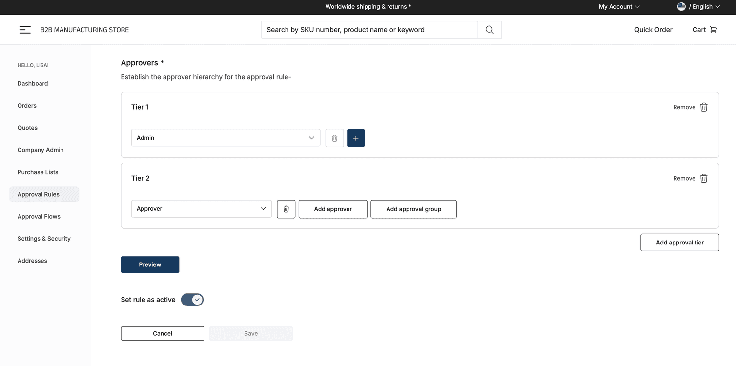 Approval Rules page with approvers selected
