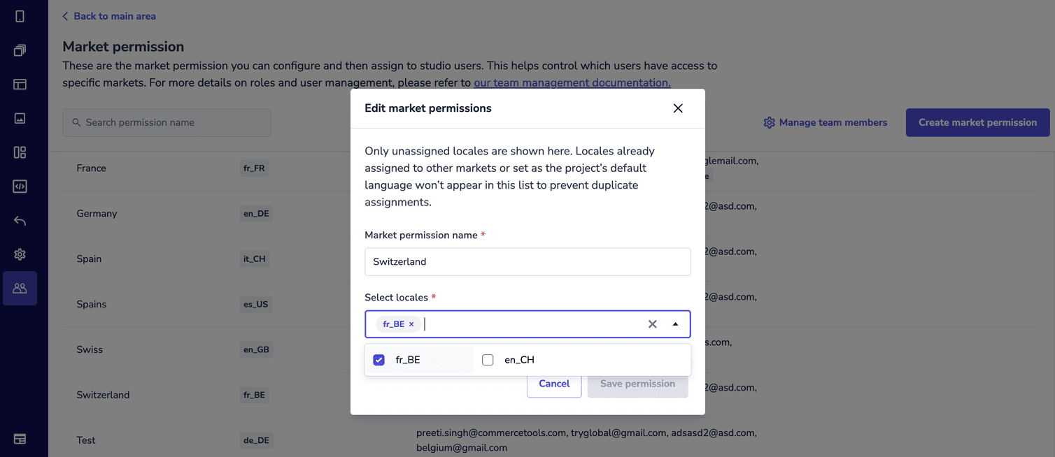 The Edit market permissions dialog with the Market permission name and the Select locales drop-down.