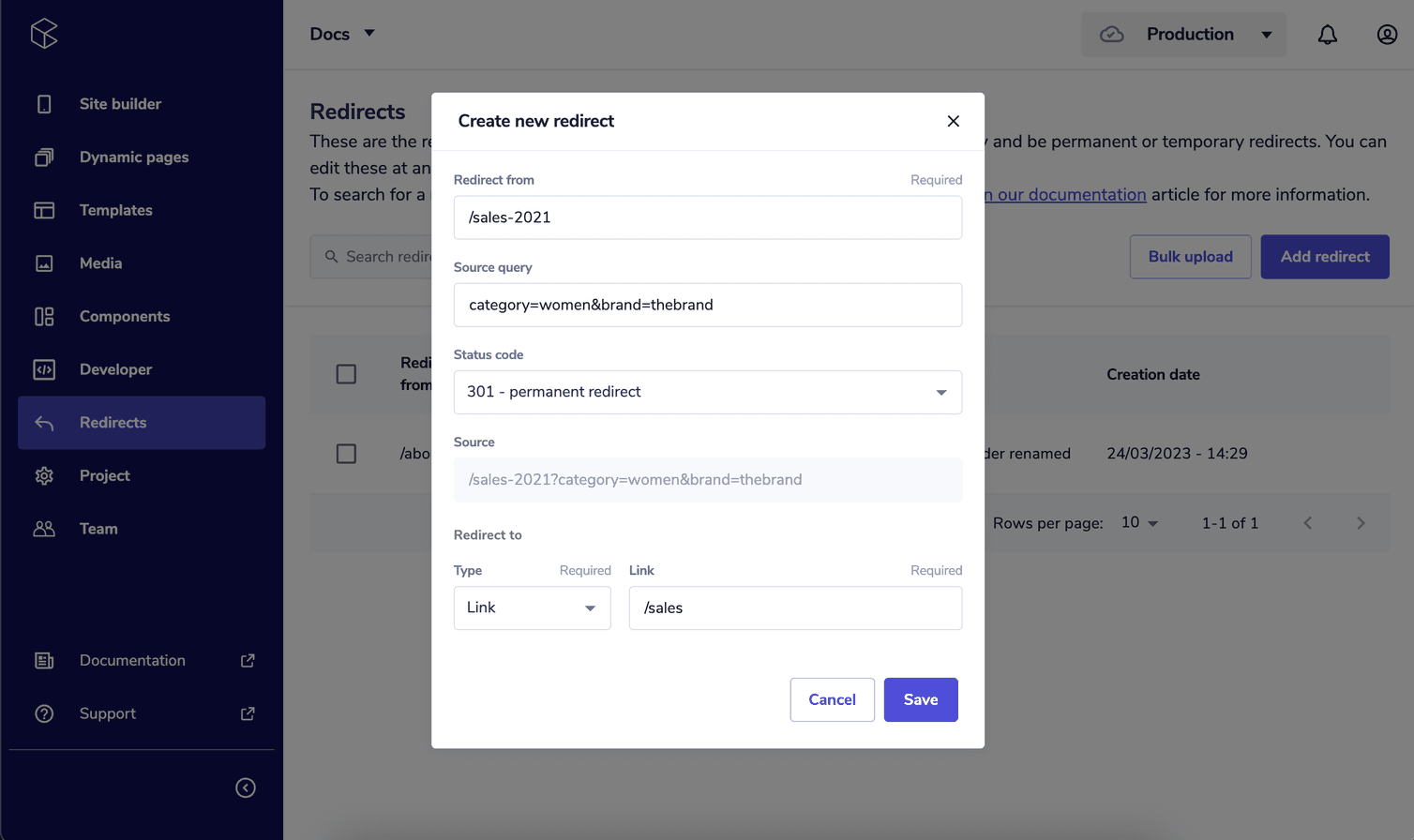 Redirection Dialog Manage redirects | Frontend Studio