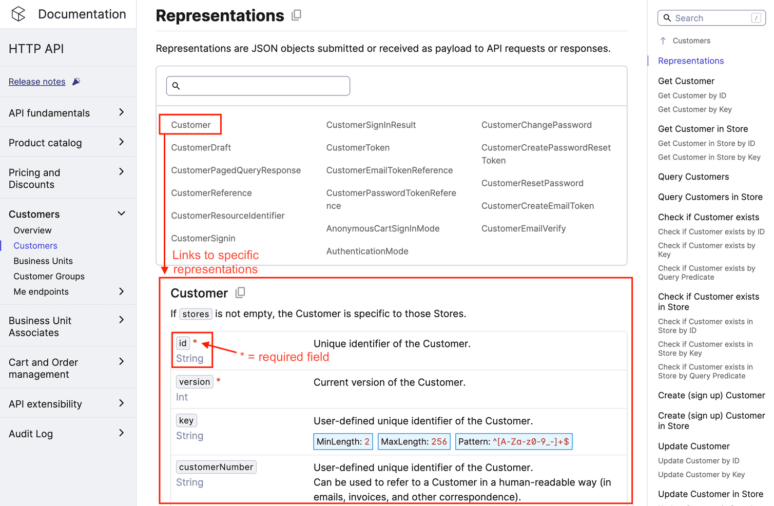 Representations section on the Customer reference page.