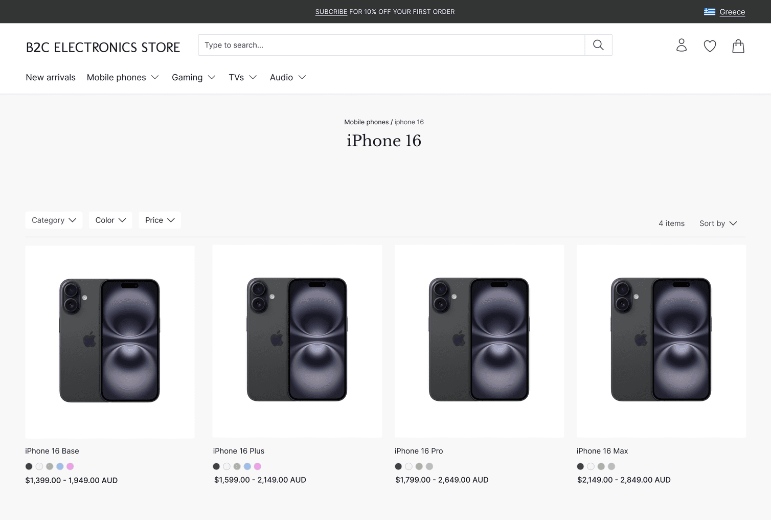 Model B product listing page.