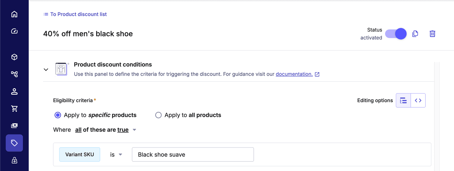 The predicate that applies the discount when the Variant SKU is Black shoe suave.