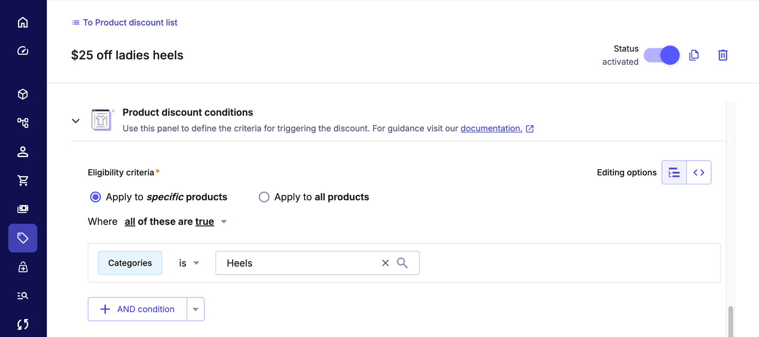 The predicate that applies the discount when the Category is Heels.
