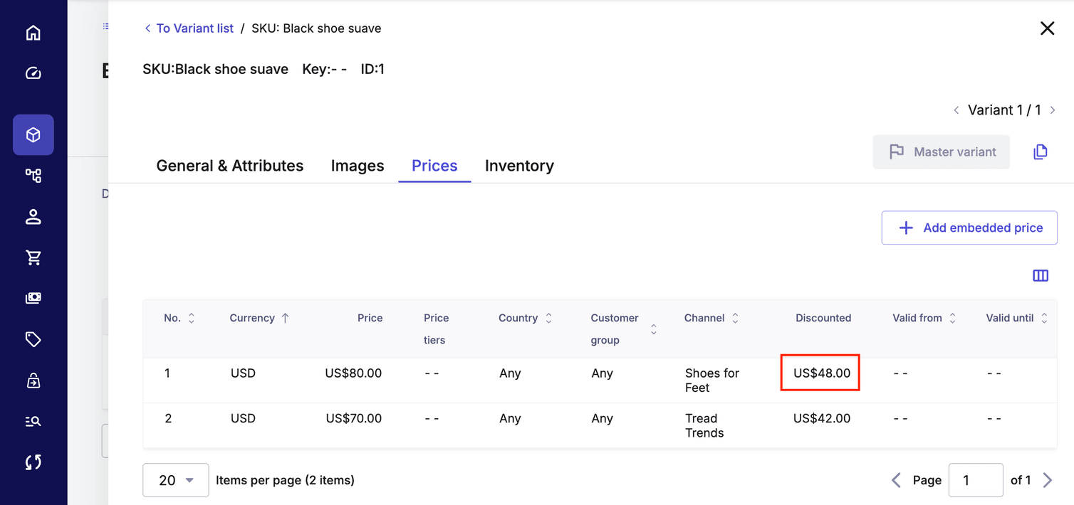 The discounted Price can be viewed in the Prices tab.