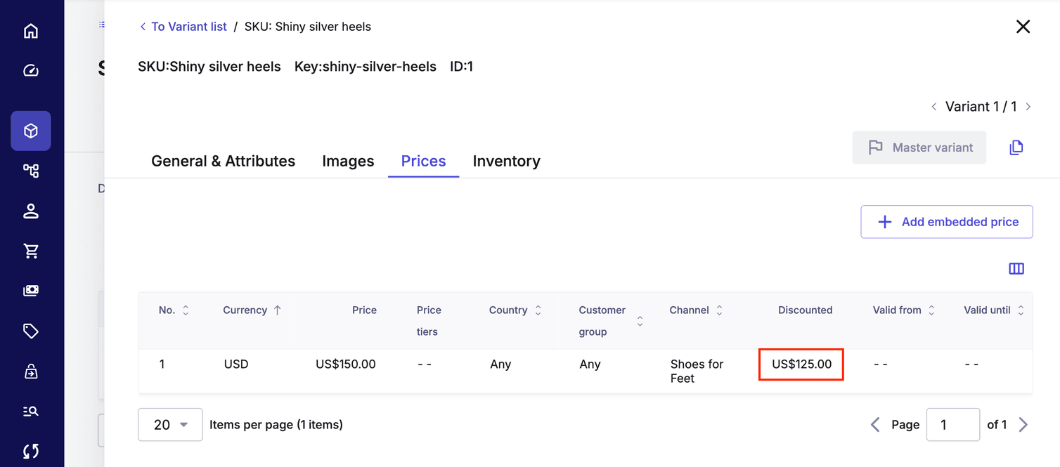 The discounted Price can be viewed in the Prices tab.