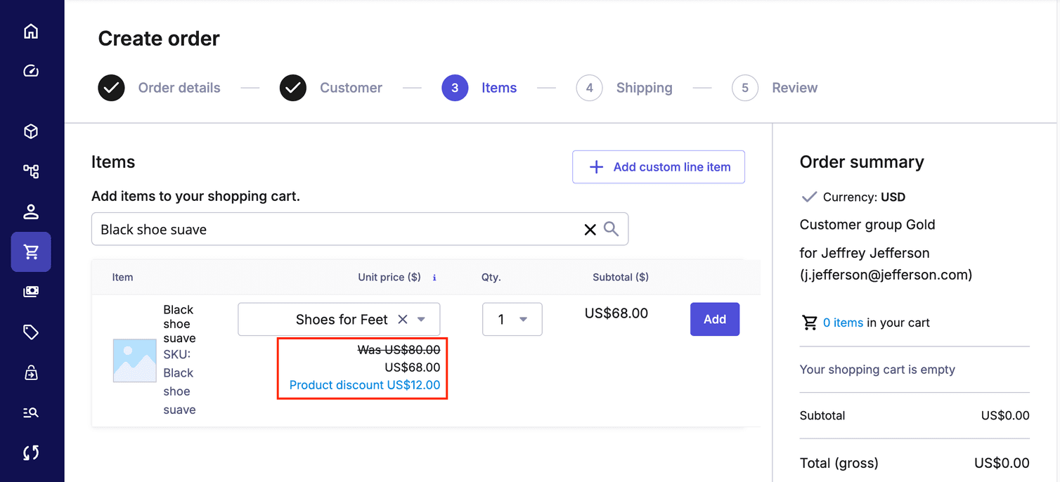 The discounted Price can be viewed in the Prices tab.