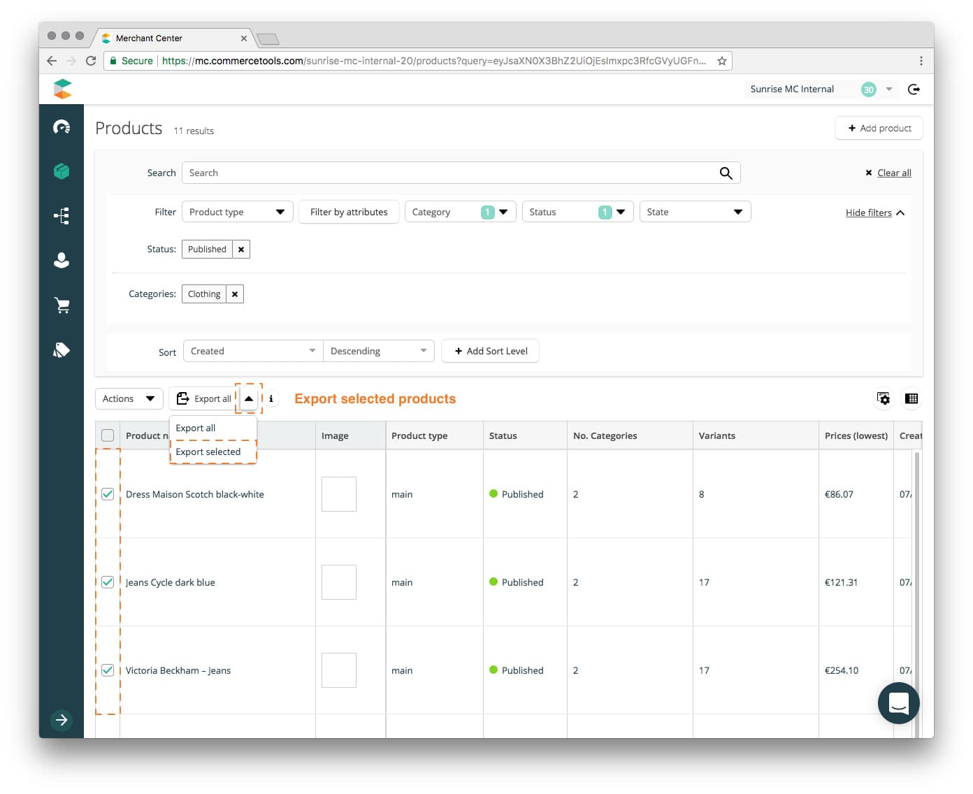 Export selected Products.
