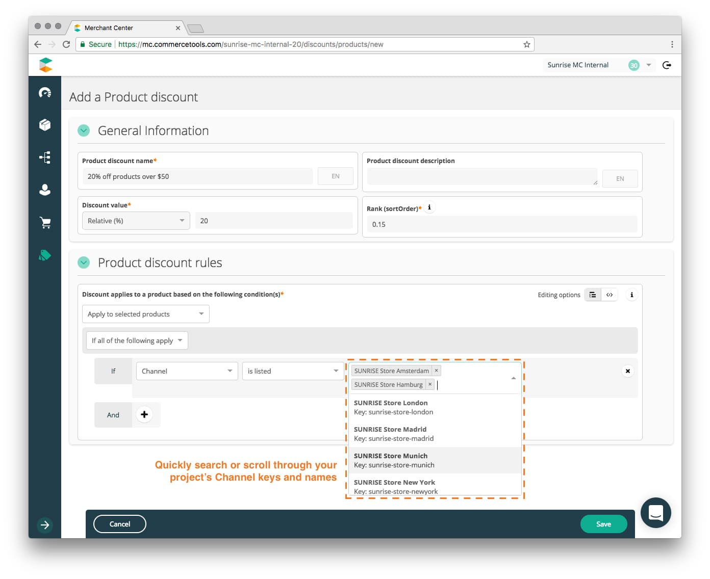 Product Discount restricted to Amsterdam and Hamburg store using the rule builder.