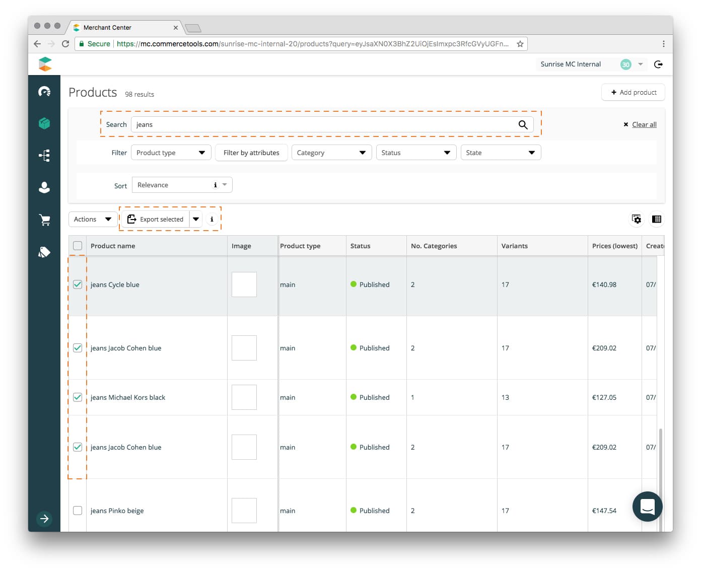 Search and export selected Products.