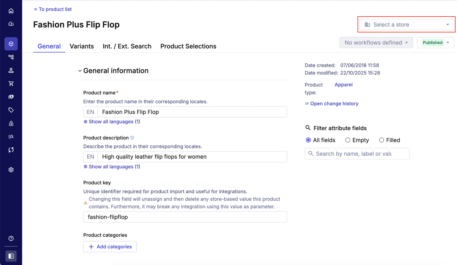 Store selection drop-down on the Product details page.