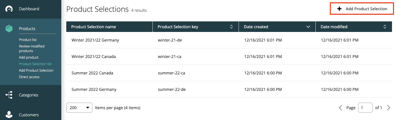 List of available Product Selections.