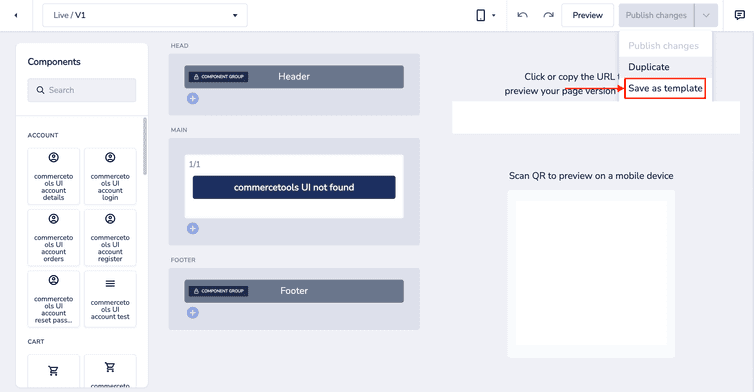 Save as template option in Site Builder highlighted